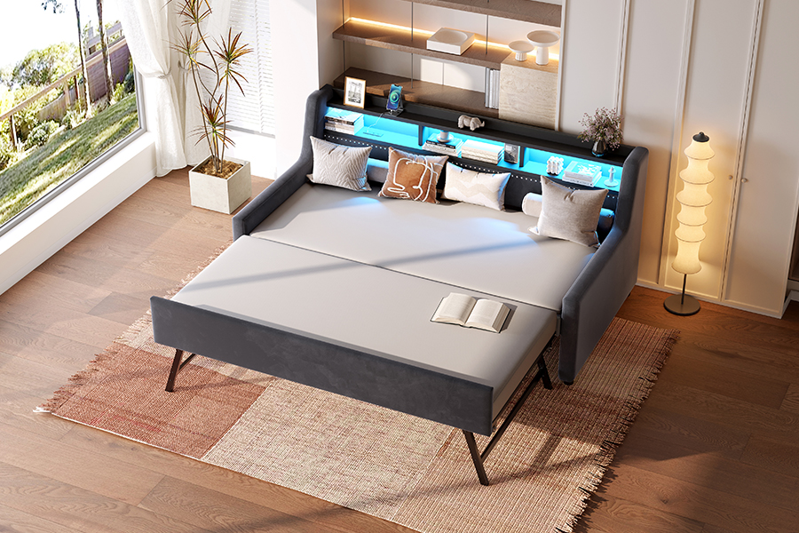 4857-1U Trundle Mjuk Sammet Tyg Täckt Bäddsoffa