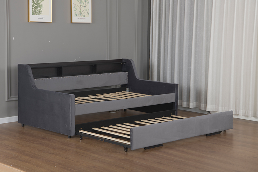 4857-1U Trundle Mjuk Sammet Tyg Täckt Bäddsoffa