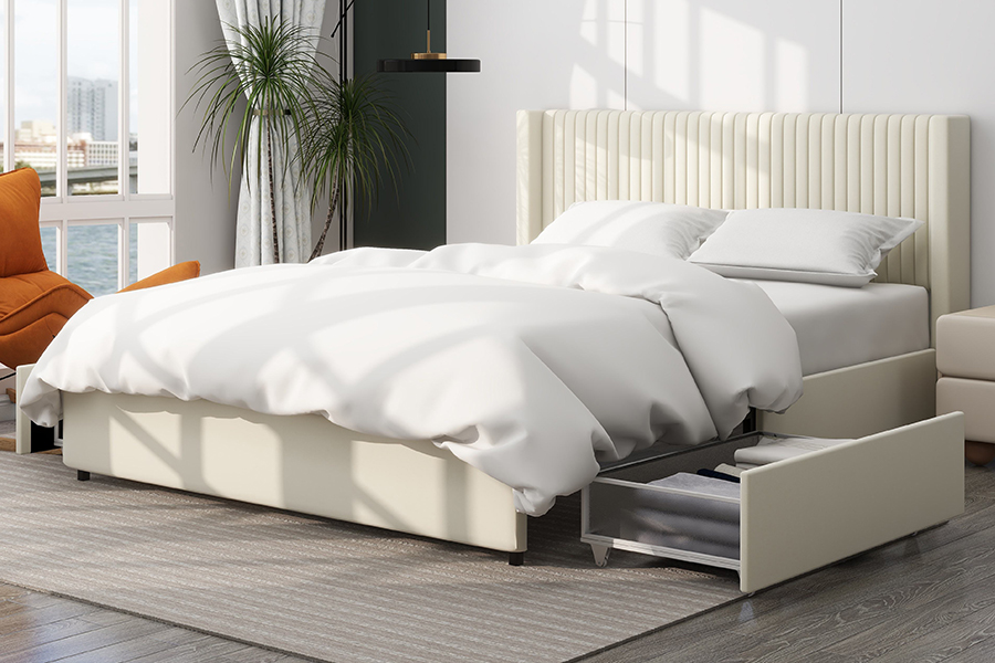 N18 Modern Beige Klädd Mjuk Säng Justerbar Klädd Förvaringssäng Stomme