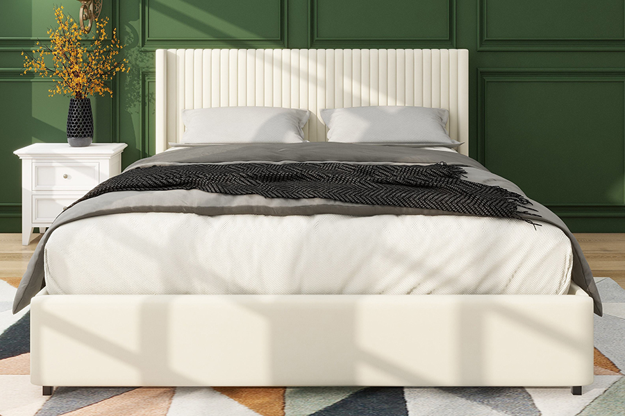 N18 Modern Beige Klädd Mjuk Säng Justerbar Klädd Förvaringssäng Stomme