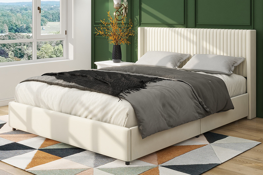N18 Modern Beige Klädd Mjuk Säng Justerbar Klädd Förvaringssäng Stomme