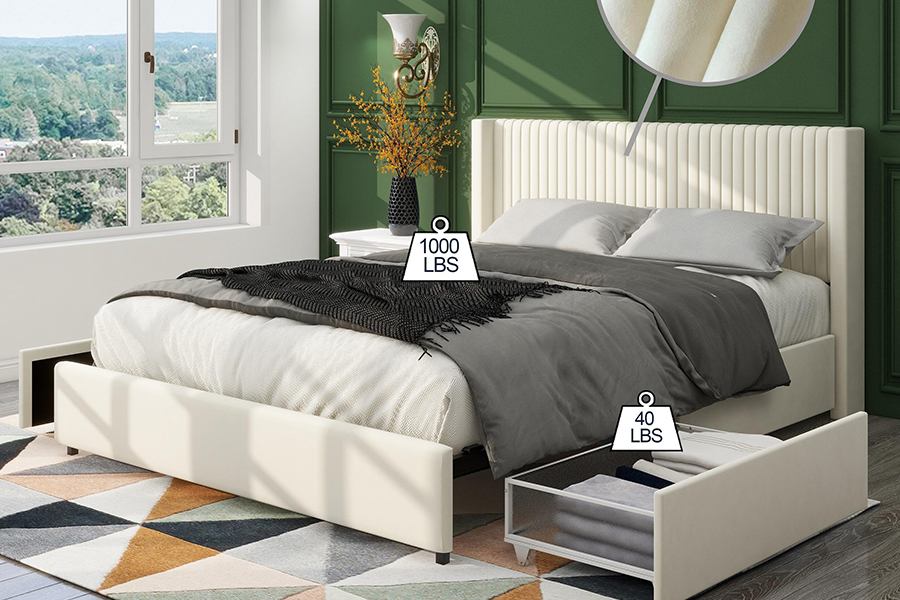 N18 Modern Beige Klädd Mjuk Säng Justerbar Klädd Förvaringssäng Stomme