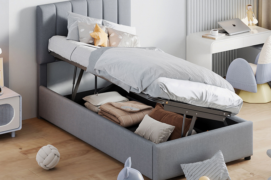 N16 Modern Grey Tyg Lyftbar förvaringsfunktion Stoppad förvaringssäng