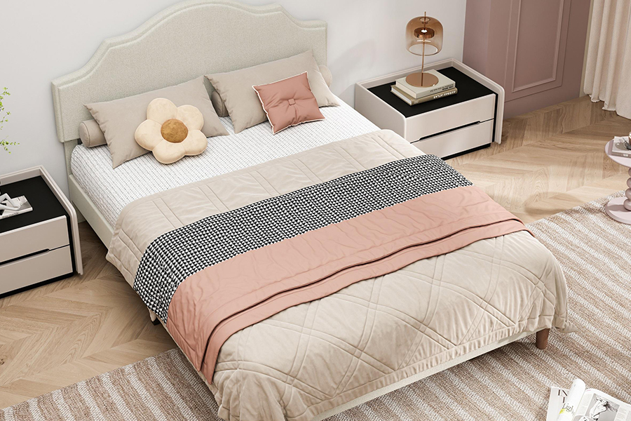 N21 hög kvalitet beige tyg Queen size stoppad säng