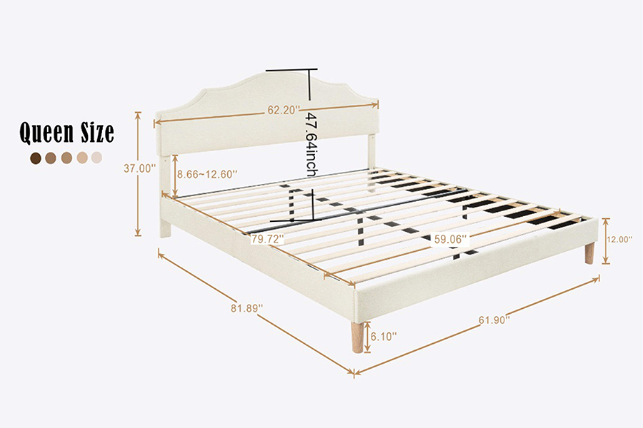 N21 hög kvalitet beige tyg Queen size stoppad säng