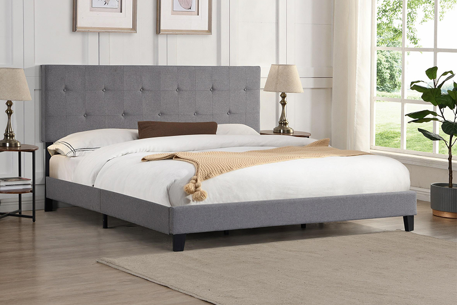 N7 Grey Fabric Button Tufted Headboard Upholstered Bed