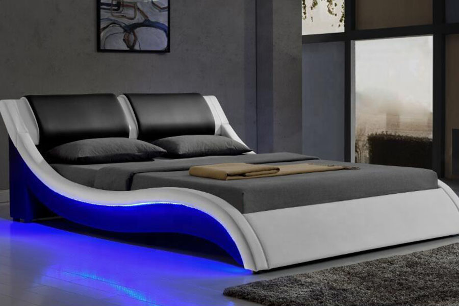 1187-1 Italiensk S-Shape LED-läder Kung stoppad sängram
