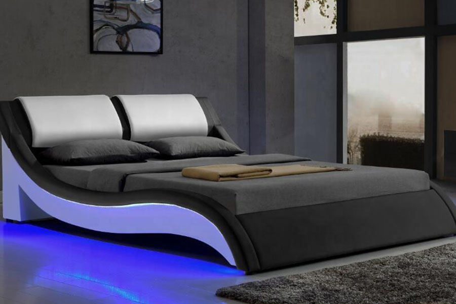 1187-1 Italiensk S-Shape LED-läder Kung stoppad sängram