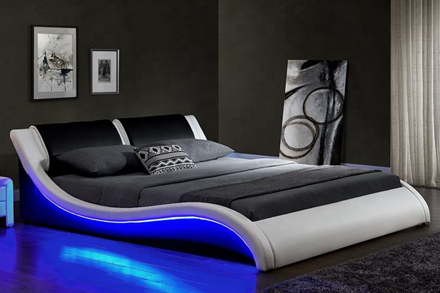 1178-1 Wave-liknande LED-ram läder Queen King stoppad säng