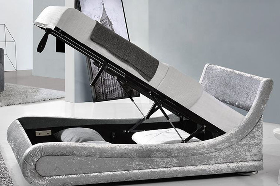 Krossad sammet LED ottomansk gaslift förvaringssäng ram