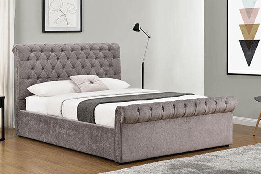 1208G Chesterfield Chenille-Velvet Sleigh Ottoman Storage Bed Ram