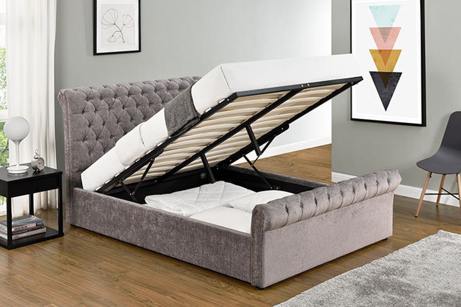 1208G Chesterfield Chenille-Velvet Sleigh Ottoman Storage Bed Ram