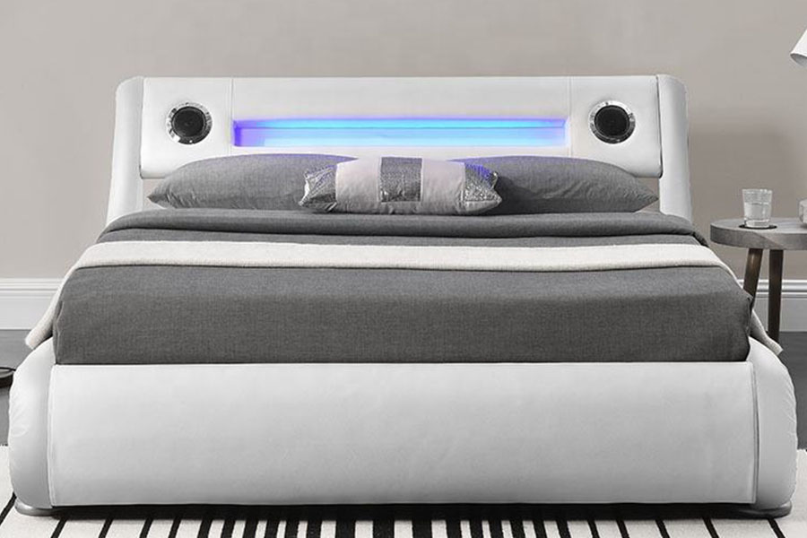 1324-1GS Underbar LED-högtalare Läder Gaslift Förvaring Stoppad sängram