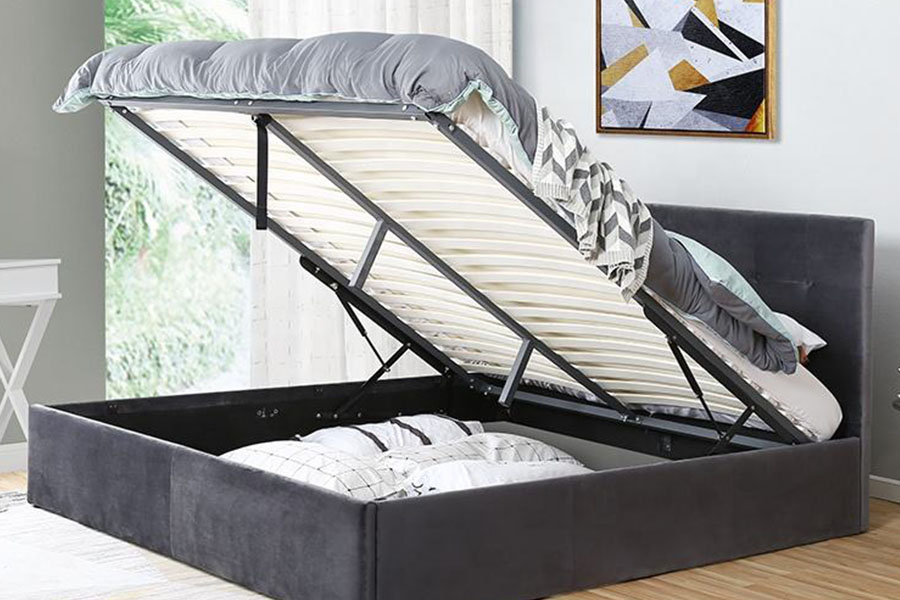 1407G Flexibel funktion Velvet Gas Lift Träförvaring stoppad sängram