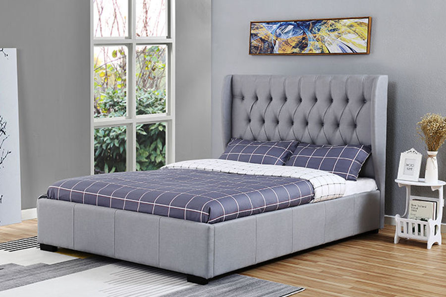 1310G hög sänggavel Wingback grått tyg knapp-detalj förvaringssängram