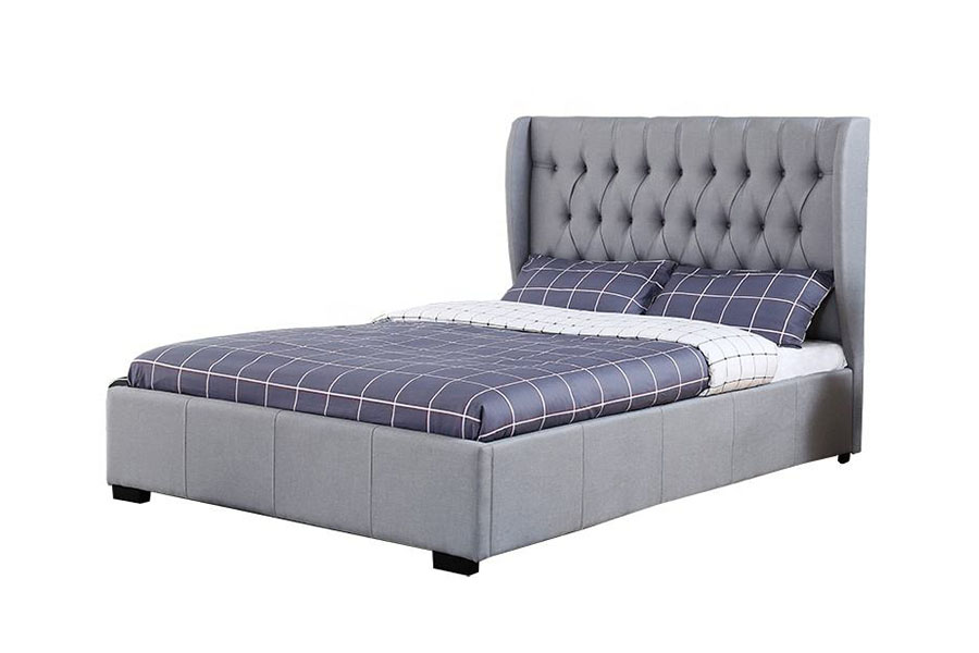 1310G hög sänggavel Wingback grått tyg knapp-detalj förvaringssängram