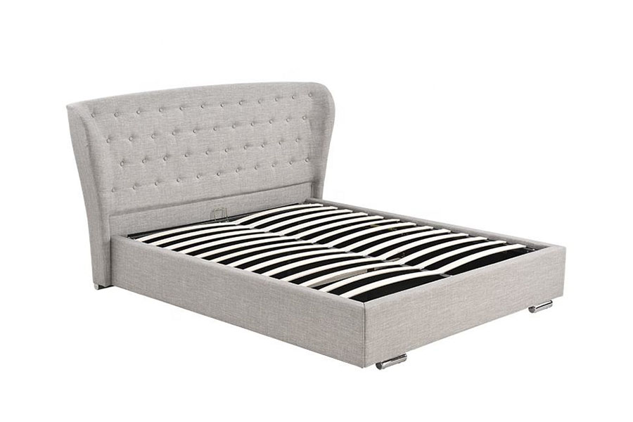 1292G European Wingback, grå linne Knäppt trä-ben stoppad säng