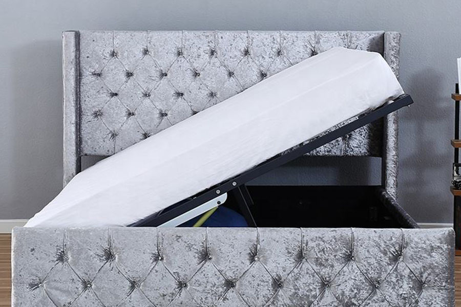 1290-1G Silver-Samet LED Wing-Diamante Trä Förvaringssäng Ram