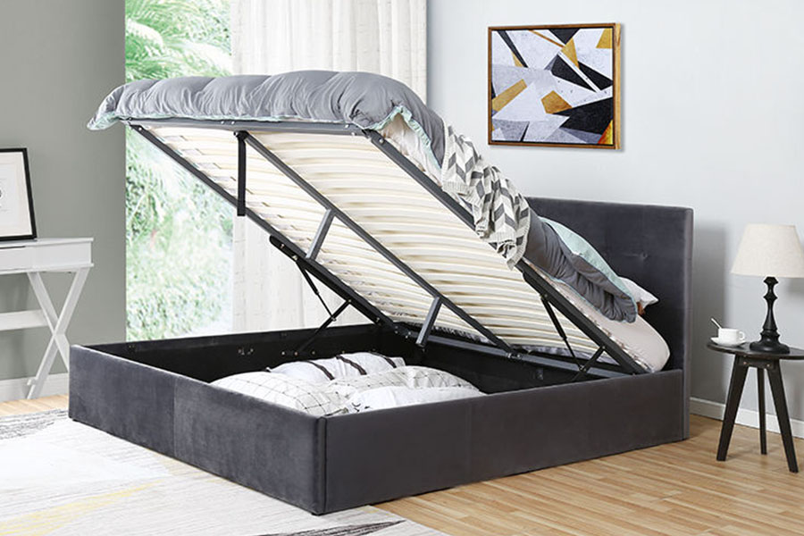 1274G tuftad utrymmesbesparande läder Hydraulisk hiss Queen Storage Bed Ram