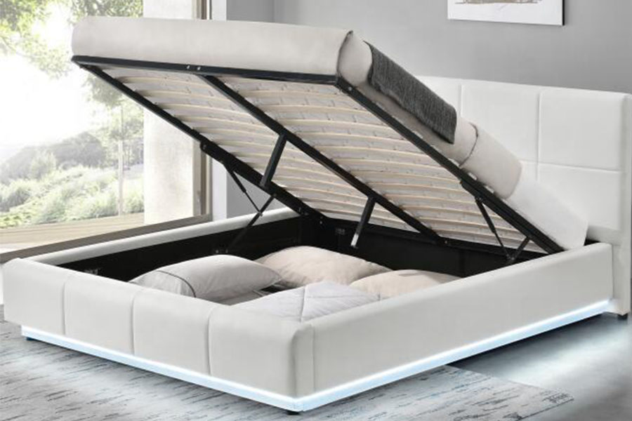 1239-1G vit konstläder Ottoman LED dubbelklädd sängram