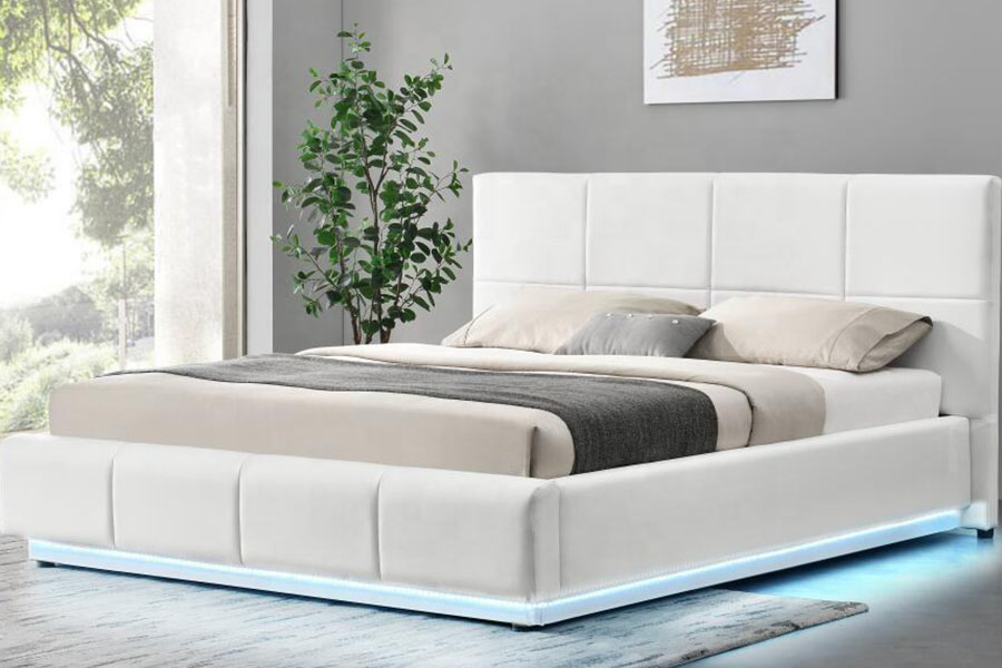 1239-1G vit konstläder Ottoman LED dubbelklädd sängram